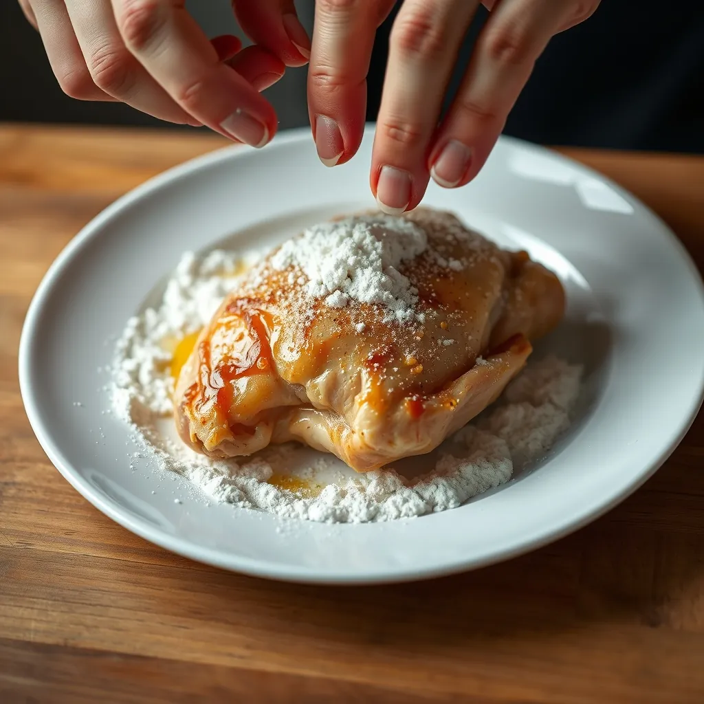 Close up of hands coating a chicken thigh in seasoned flour mixture on a white plate Mixture white plate