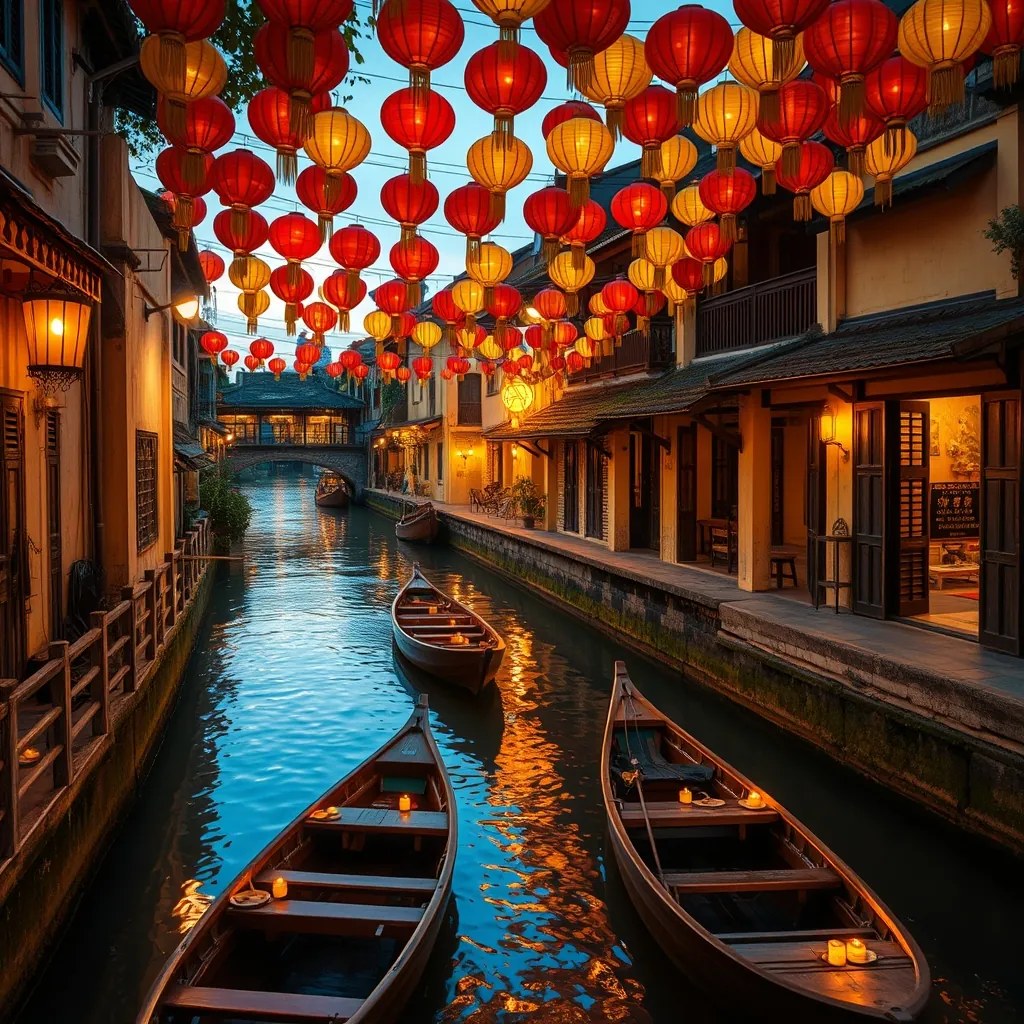 Narrow ancient streets of Hoi An at dusk, hundreds of colorful silk lanterns in red, orange, and yellow hanging above the Thu Bon River, weathered yellow colonial facades with wooden shutters and moss-covered tile roofs, traditional Vietnamese longboats floating on the water with small candles bobbing on the surface, the iconic Japanese Covered Bridge in the background, warm golden glow reflecting off the river's surface, the soft blue hour sky creating a magical atmosphere Narrow ancient streets