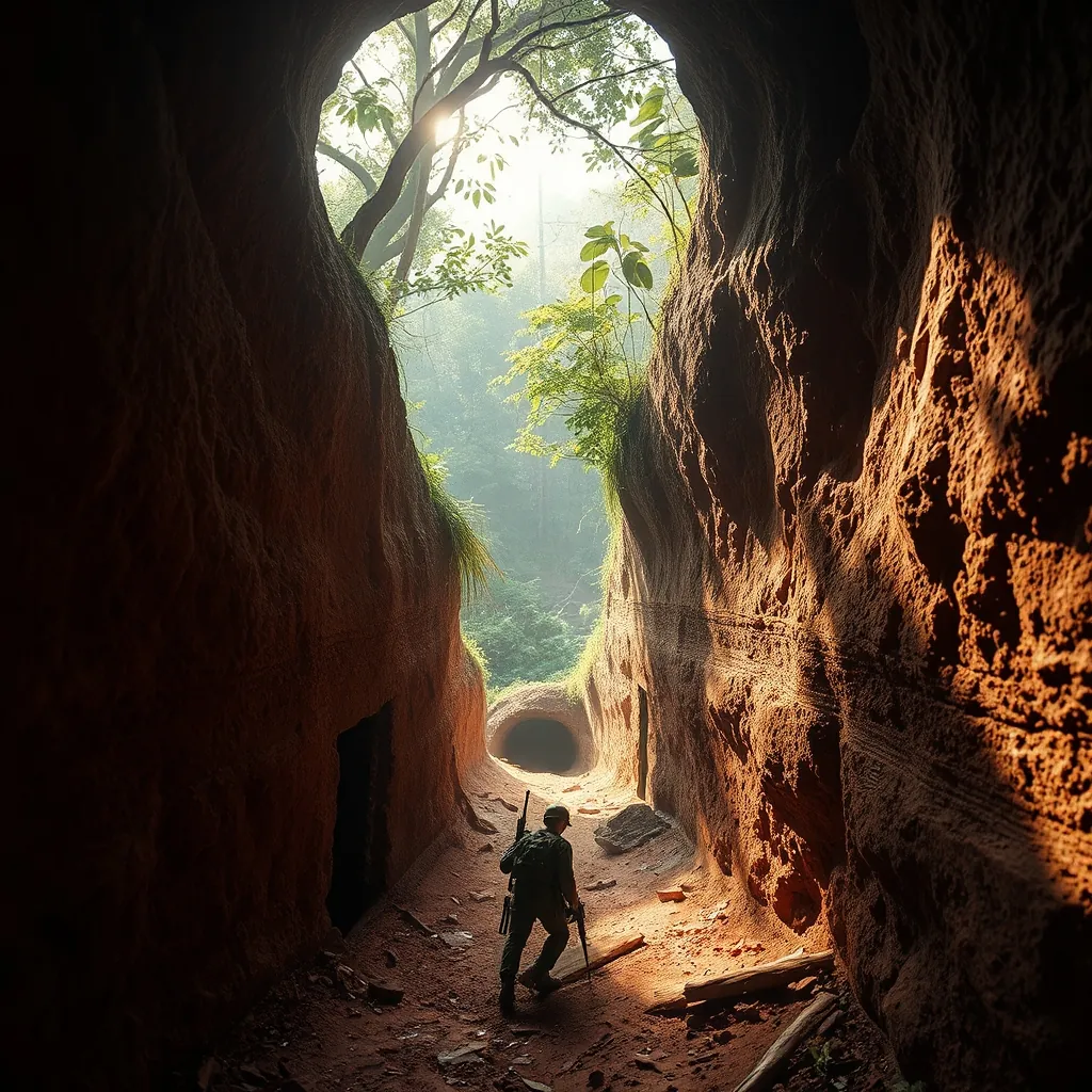 Narrow dark underground tunnel entrance in red earth with a small Viet Cong soldier emerging from a concealed trapdoor, dense jungle canopy above with dappled sunlight filtering through, historical war relics and bomb craters visible in the surrounding landscape, the claustrophobic yet ingeniously engineered network of the Cu Chi tunnel system stretching beneath the Vietnamese countryside Narrow dark underground