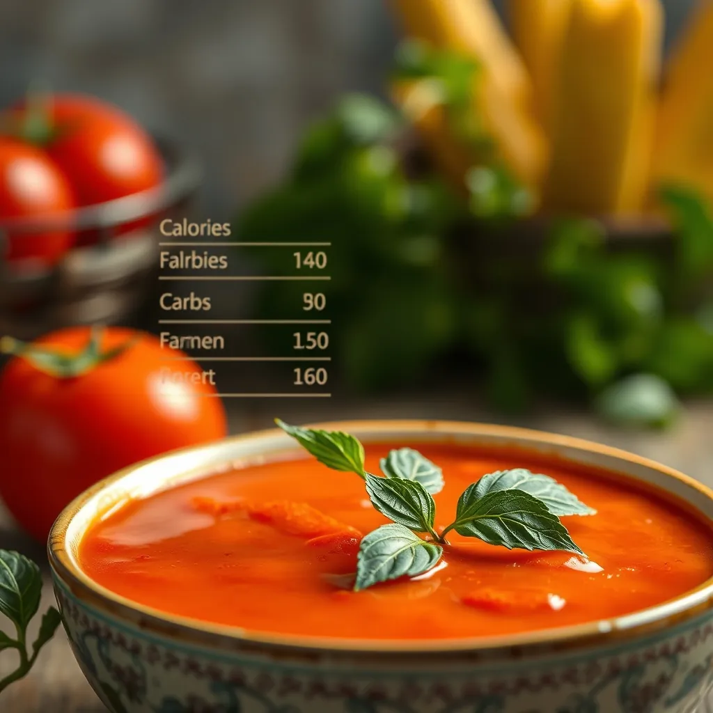 Nutritional information label or a simple infographic showing calories, fat, carbs, and protein for a bowl of tomato soup Nutritional information label