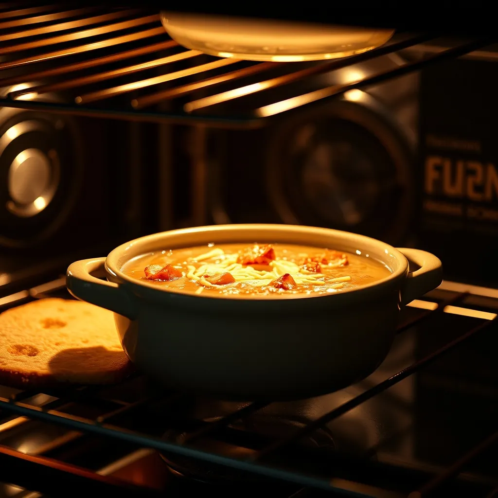 Oven safe bowl of French onion soup under a broiler with cheese bubbling and browning Oven safe bowl