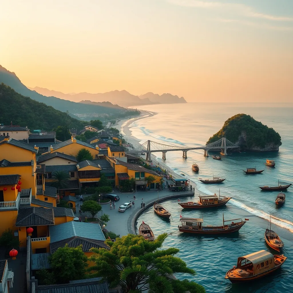 Panoramic view of Central Vietnam coastline at golden hour, the ancient yellow-walled buildings of Hoi An with colorful silk lanterns hanging along the riverfront in the foreground, the dramatic Hai Van Pass curving along the mountainside in the middle distance, the turquoise waters of the East Sea meeting white sand beaches, the silhouette of the Marble Mountains rising from the coastal plain, fishing boats with round basket boats floating on the calm water near the shore, warm amber light bathing the entire scene Panoramic central vietnam