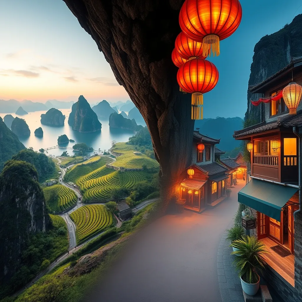 Panoramic collage of Vietnam's diverse landscapes showing Ha Long Bay limestone karsts, Sapa rice terraces, Hoi An lantern-lit streets, and Phu Quoc white sand beach Panoramic collage vietnams