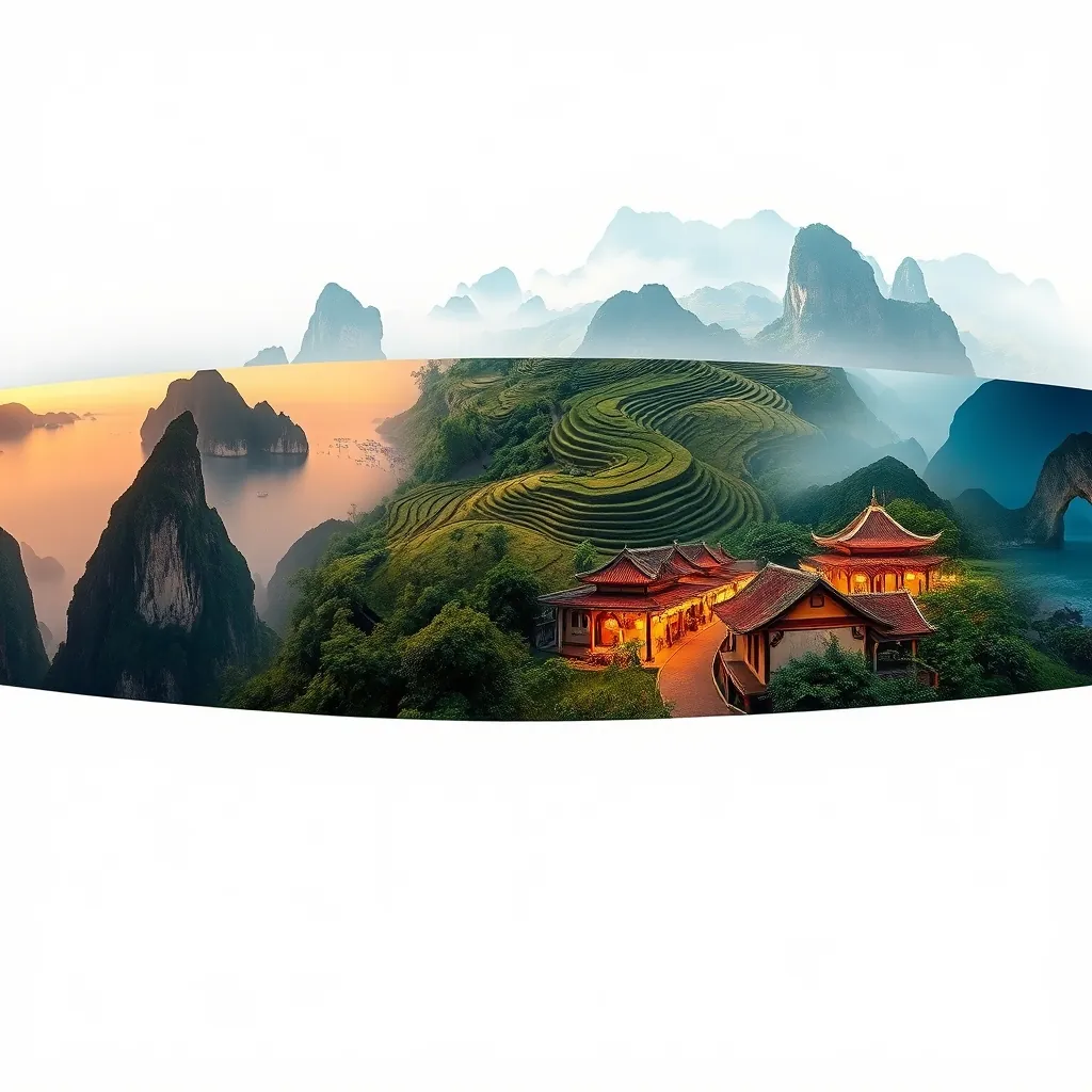 Panoramic collage of Vietnam's diverse landscapes showing Ha Long Bay limestone karsts, Sapa rice terraces, Hoi An lantern-lit streets, and Phu Quoc white sand beach Panoramic collage vietnams