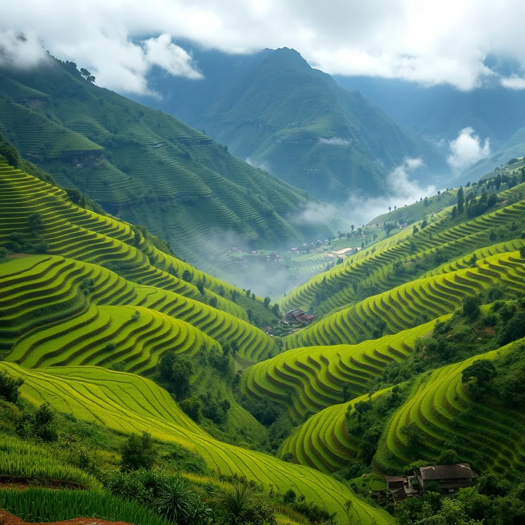 Panoramic view of lush green rice terraces cascading down misty mountains in Sapa, northern Vietnam, with a small ethnic minority village visible in the distance Panoramic lush green