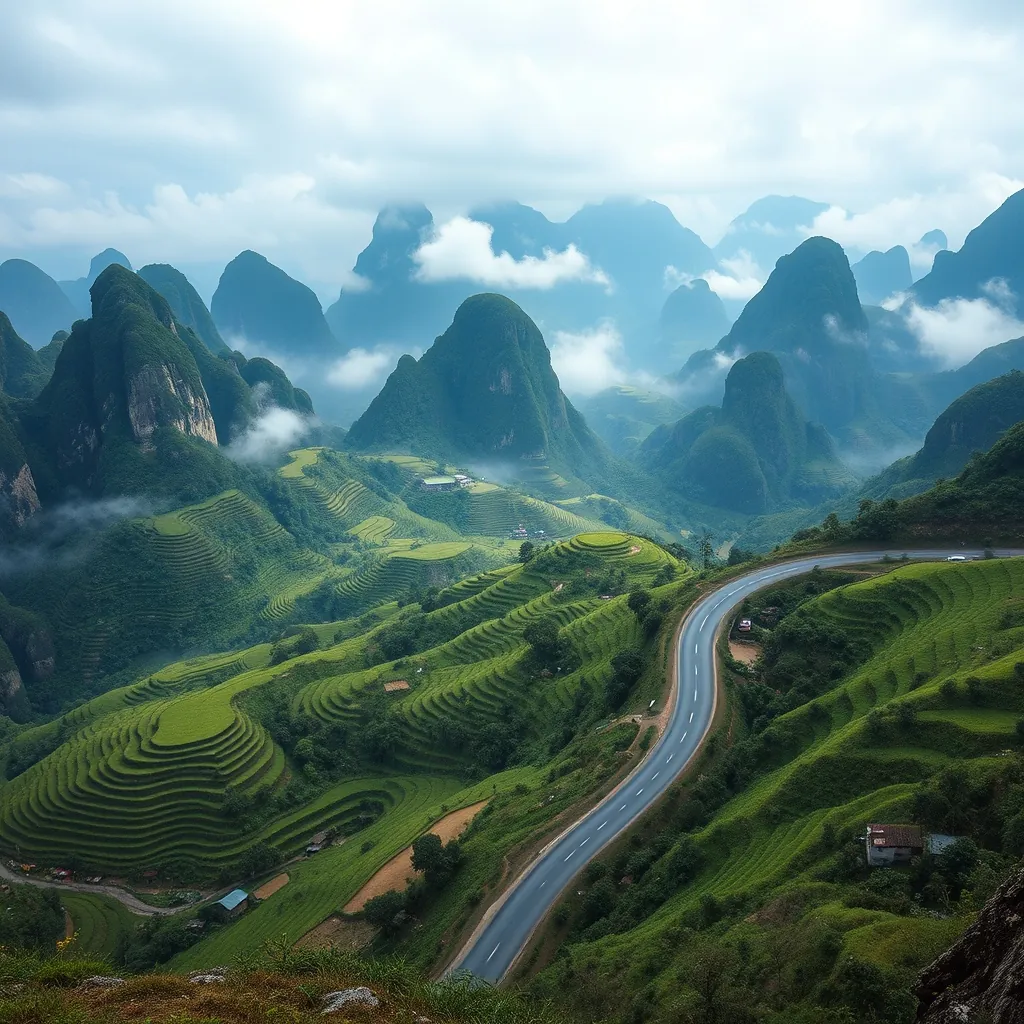 Panoramic view of northern Vietnam's mountainous landscape with cascading emerald rice terraces, misty limestone karsts rising from valleys, and a winding road cutting through the highlands Panoramic northern vietnams
