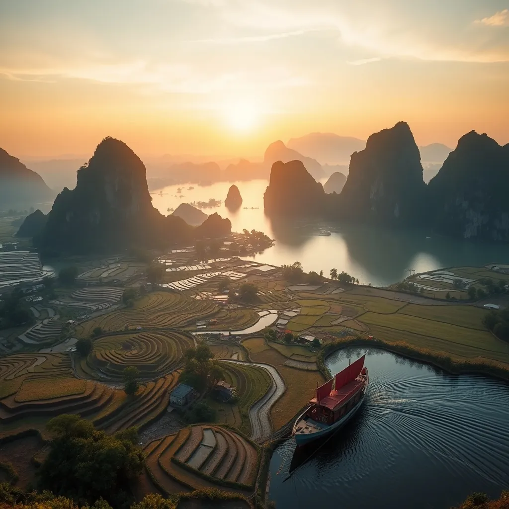 Panoramic view of Vietnam's diverse landscape showing terraced rice fields in Sapa, limestone karsts rising from Ha Long Bay, and a traditional Vietnamese boat on the water, all bathed in warm golden hour light Panoramic vietnams diverse