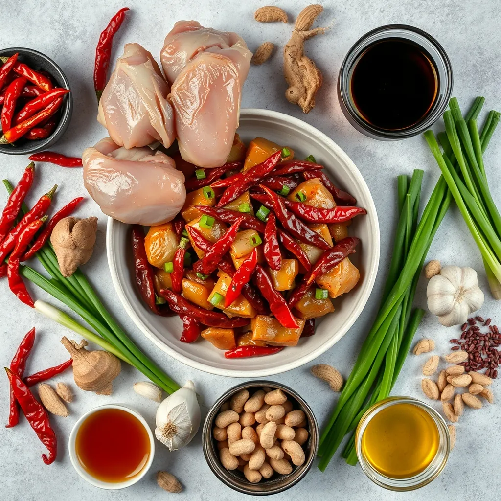 Flat lay of all ingredients for Kung Pao Chicken: chicken thighs, dried chilies, Sichuan peppercorns, scallions, ginger, garlic, soy sauces, Chinkiang vinegar, sugar, peanuts, and sesame oil Peanuts sesame oil