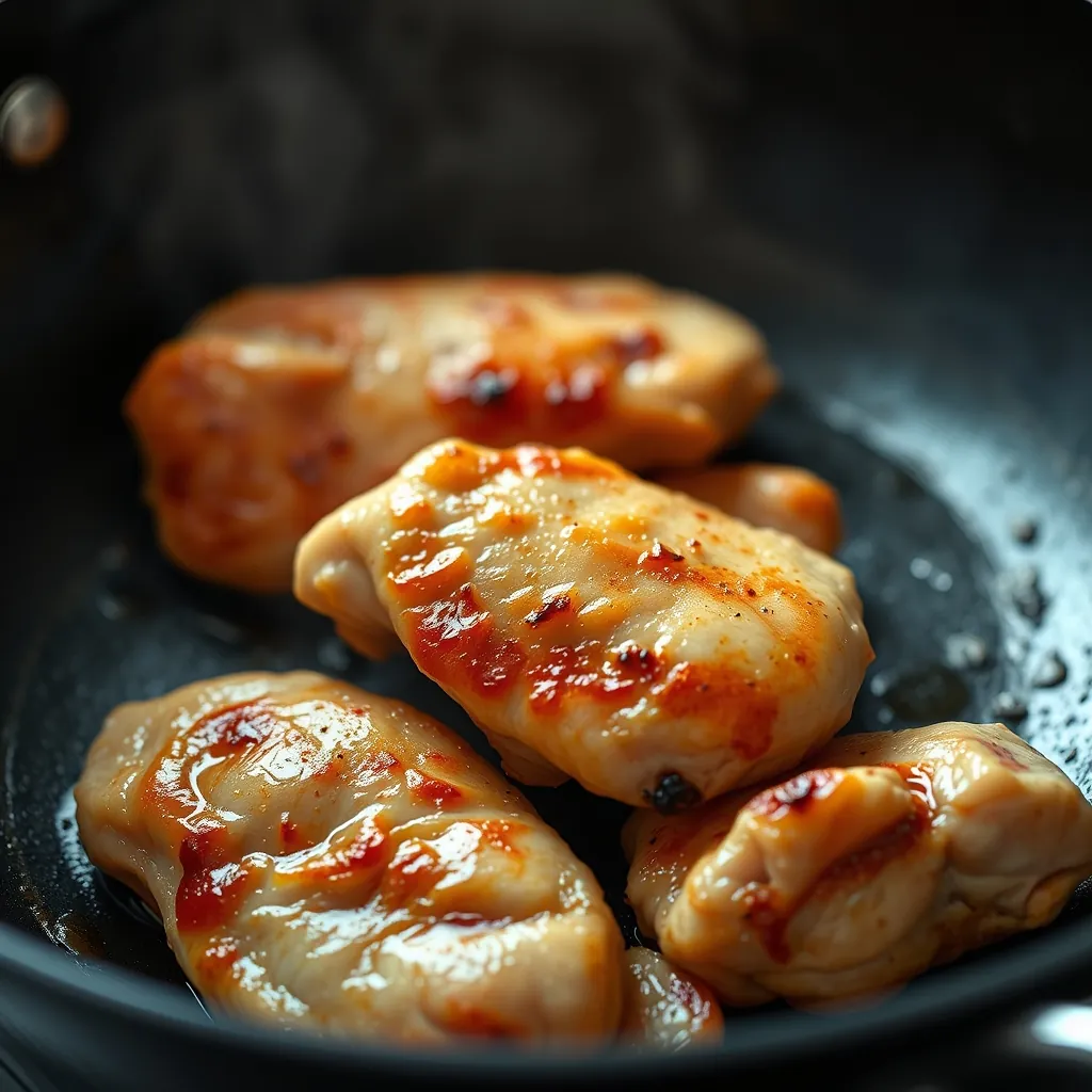 Close-up of perfectly seared chicken pieces with golden brown edges in a wok Perfectly seared chicken