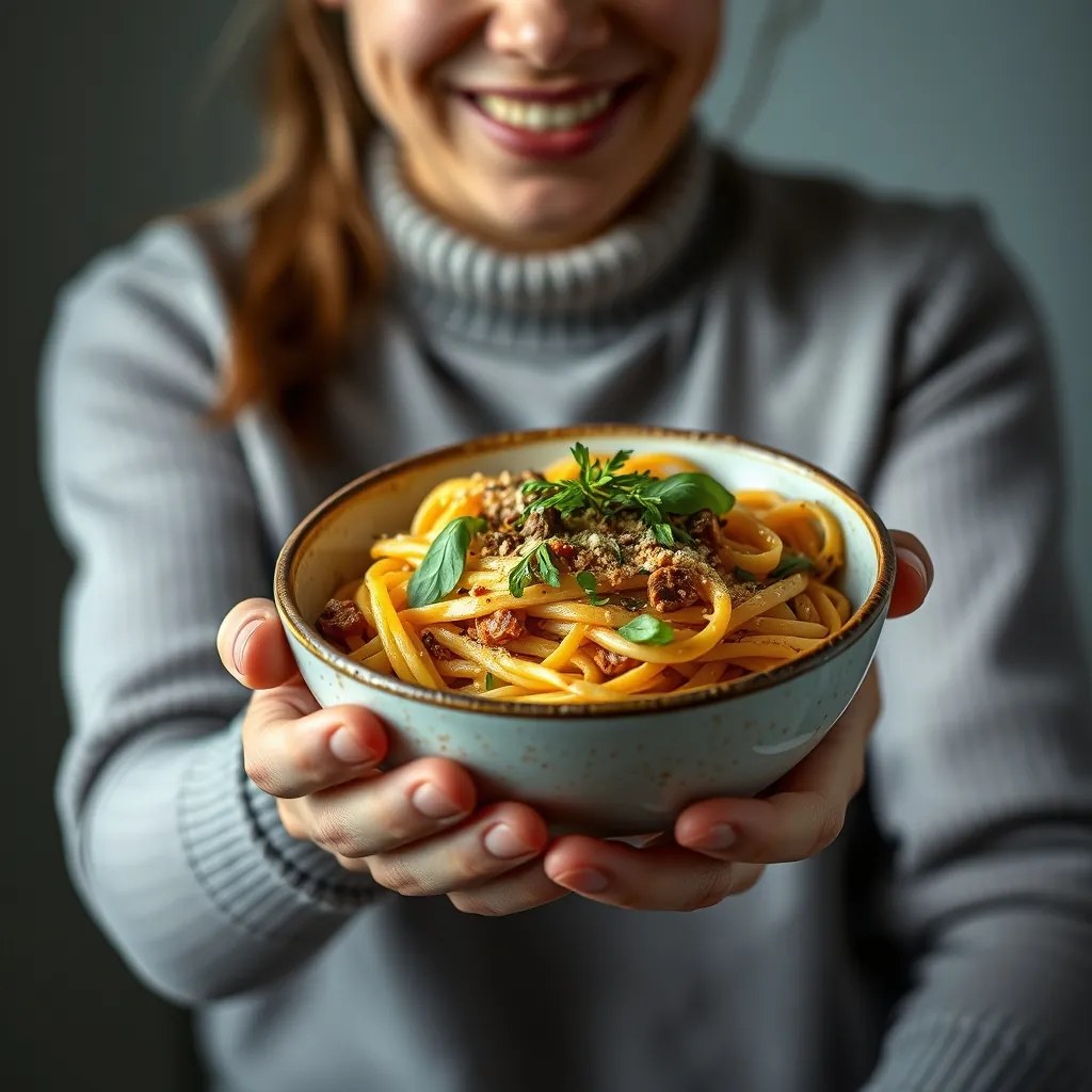Person holding a bowl of vegan pasta with a satisfied expression Person holding bowl