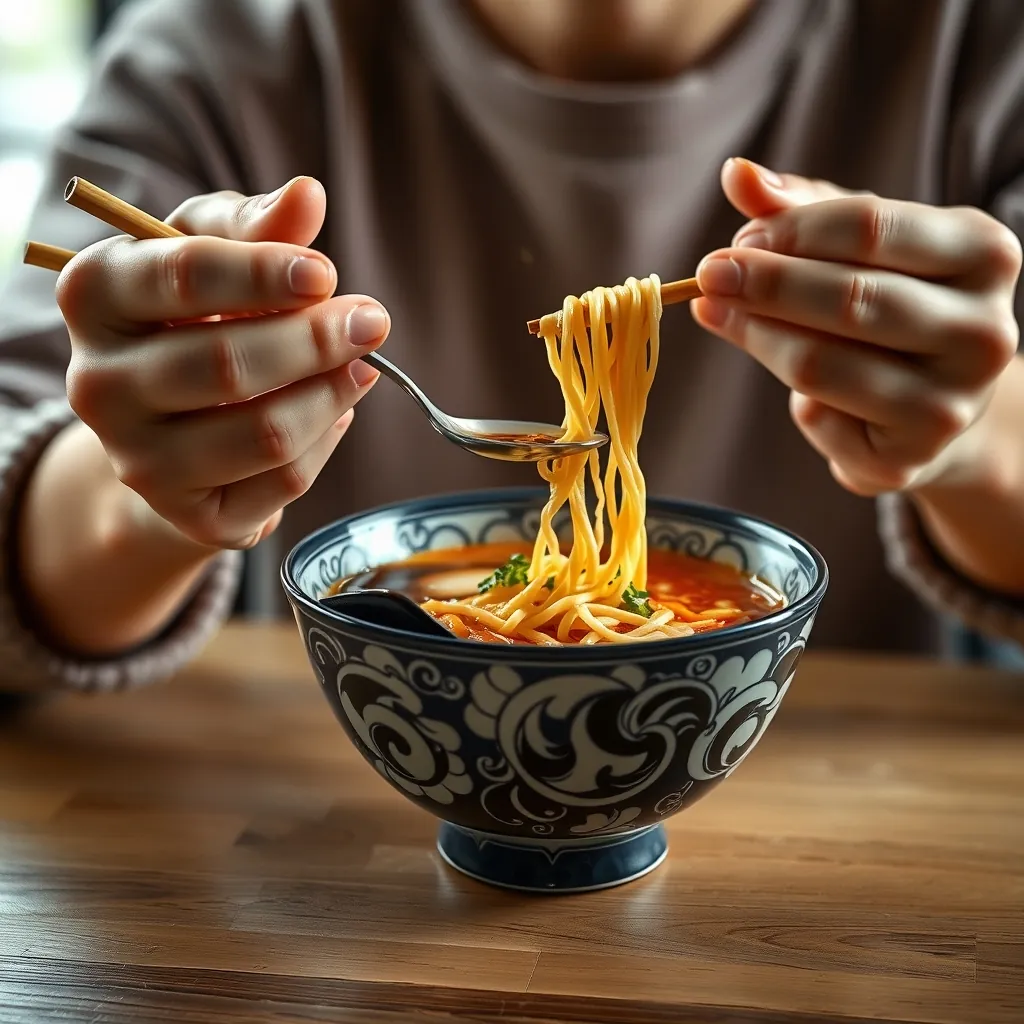 Person holding chopsticks and a spoon over a bowl of ramen, slurping noodles Person holding chopsticks