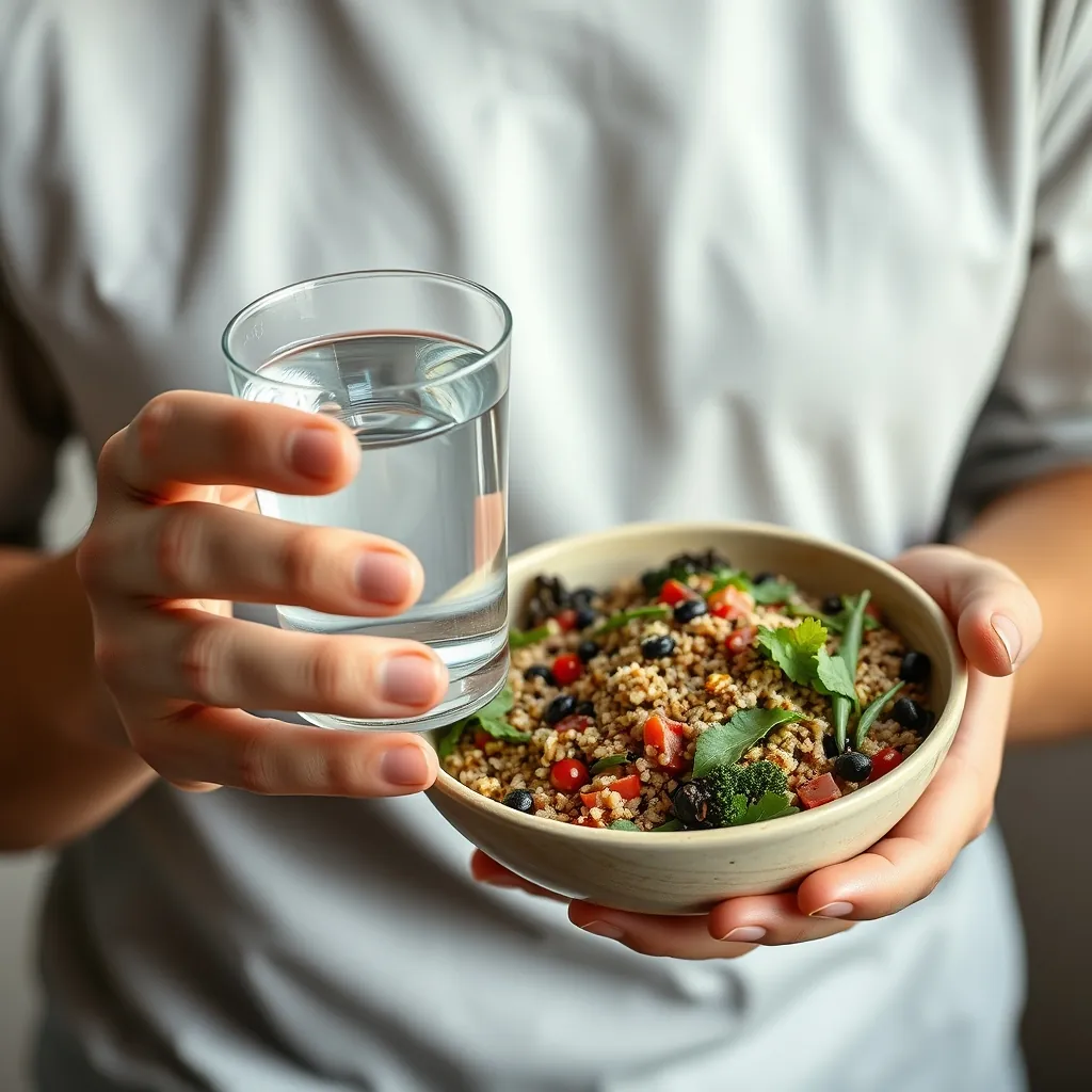 Person holding a glass of water while eating a bowl of quinoa salad Person holding glass