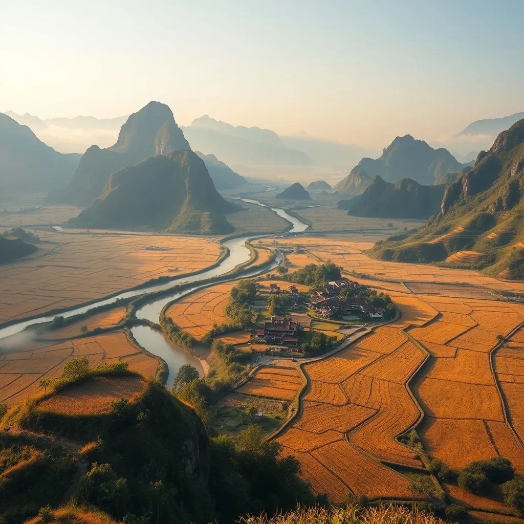 Panoramic view of Bac Son Valley in northern Vietnam, golden rice fields forming geometric patterns across the valley floor, the winding Ky Cung River cutting a silver path through the farmland, limestone karst mountains rising dramatically on all sides, a small Tay ethnic village with red-tiled roofs nestled among the fields, soft morning mist lingering in the hollows, the viewpoint platform on the hillside in the foreground Platform hillside foreground