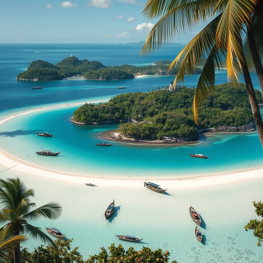 Pristine tropical archipelago with lush green islands scattered across turquoise waters, white sand beaches curving along calm bays, traditional wooden fishing boats anchored near the shore, palm trees bending over the shoreline, coral reefs visible beneath the crystal-clear water surface, small hills covered in dense tropical forest rising from the islands, a lone lighthouse perched on the highest peak, early morning sunlight casting long shadows across the calm sea Pristine tropical archipelago