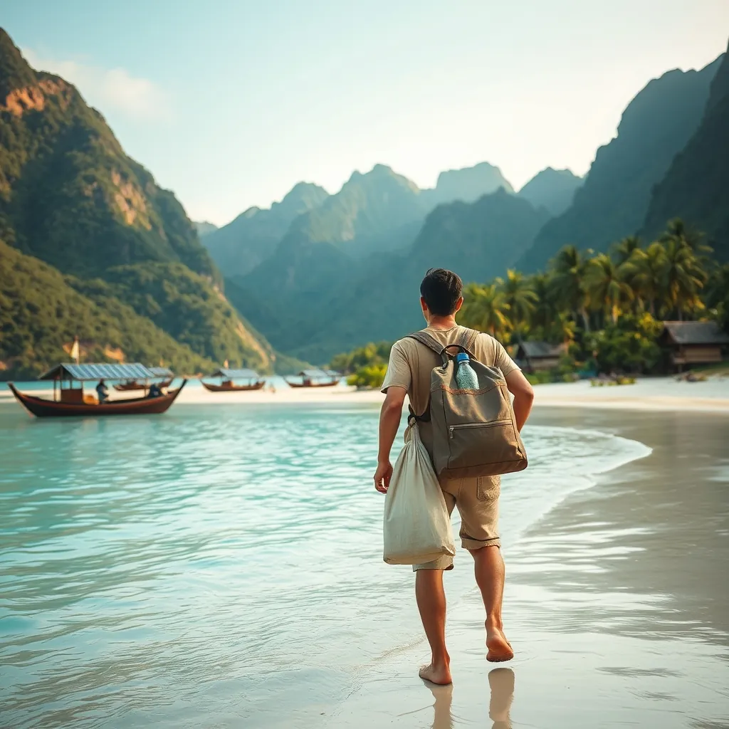 Traveler walking along a pristine tropical beach carrying a reusable water bottle and cloth bag, lush green mountains rising in the background, traditional wooden fishing boats resting on the sand, clear turquoise water lapping at the shore, a small eco-lodge with solar panels visible among coconut palms, local villagers tending to vegetable gardens near the coastline, morning light casting soft golden tones across the landscape Pristine tropical beach