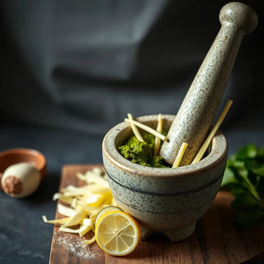 Step-by-step process showing peeled galangal, sliced lemongrass, and pounded green curry paste in a mortar and pestle Process peeled galangal
