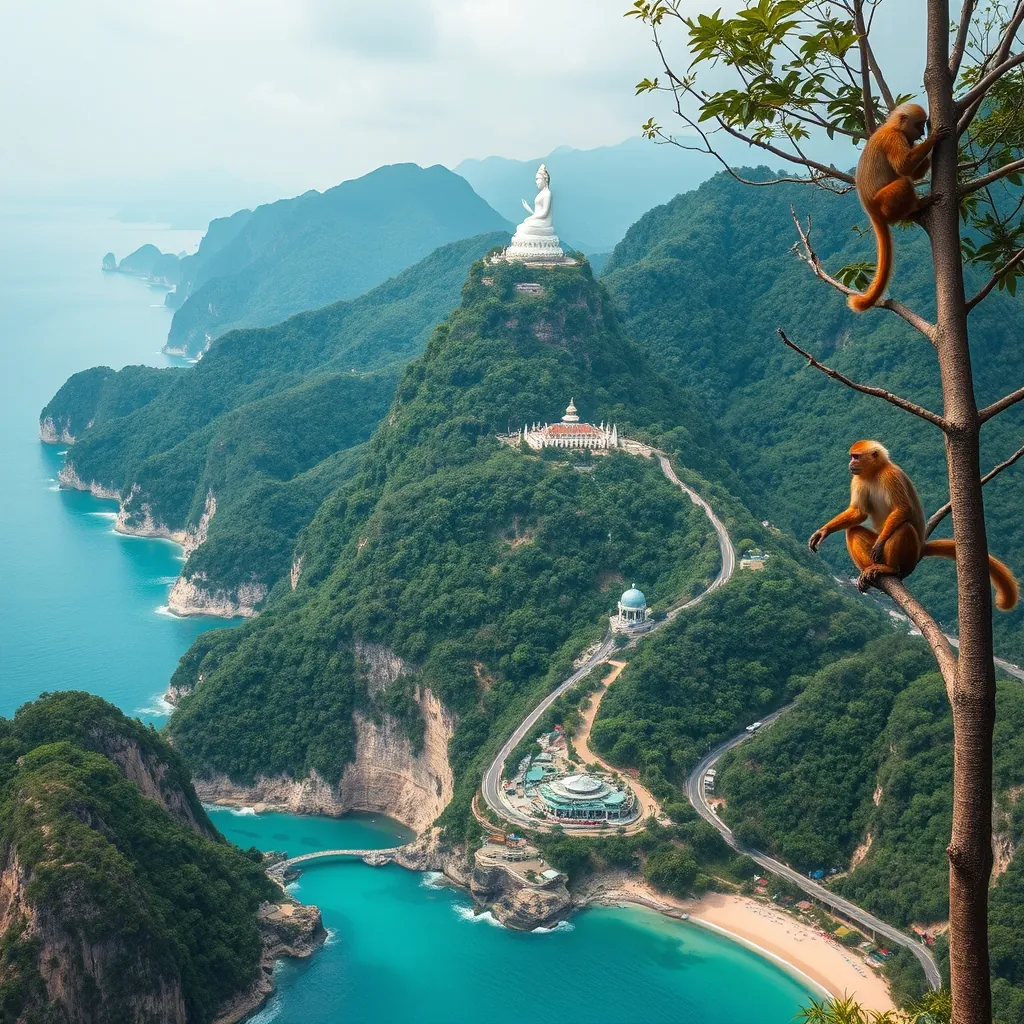 Lush tropical peninsula jutting into the East Sea near Da Nang, Vietnam, with a towering white Lady Buddha statue overlooking dense jungle-covered hills, red-shanked douc langurs with striking orange legs and white faces perched in tall trees, winding coastal roads hugging steep cliffs, pristine beaches with turquoise water at the peninsula's base, misty mountain peaks rising above the canopy, the serene blend of protected rainforest and spiritual architecture Rainforest spiritual architecture