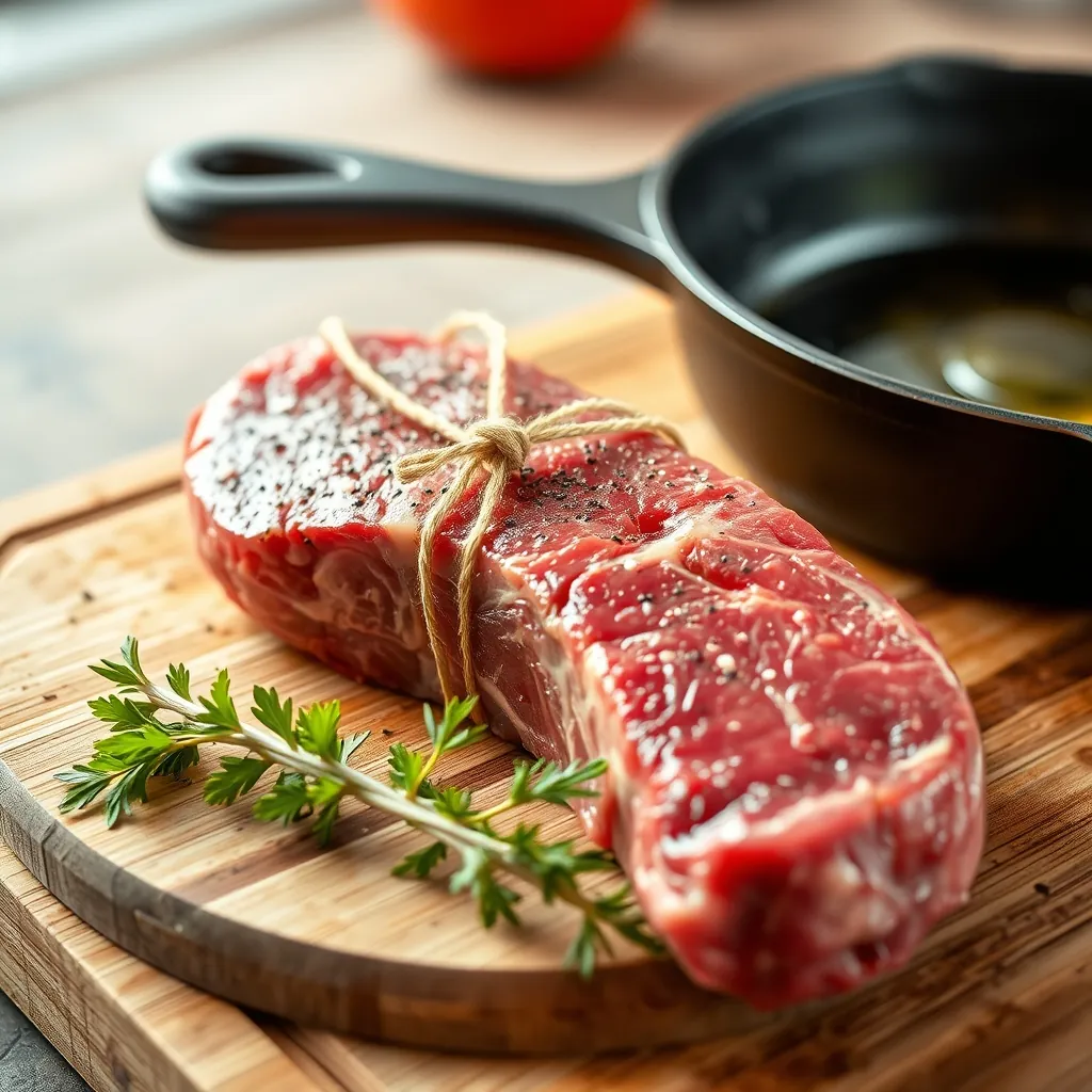 Raw beef tenderloin fillet tied with kitchen twine, seasoned with salt and black pepper, resting on a cutting board next to a hot cast iron skillet with oil shimmering Raw beef tenderloin