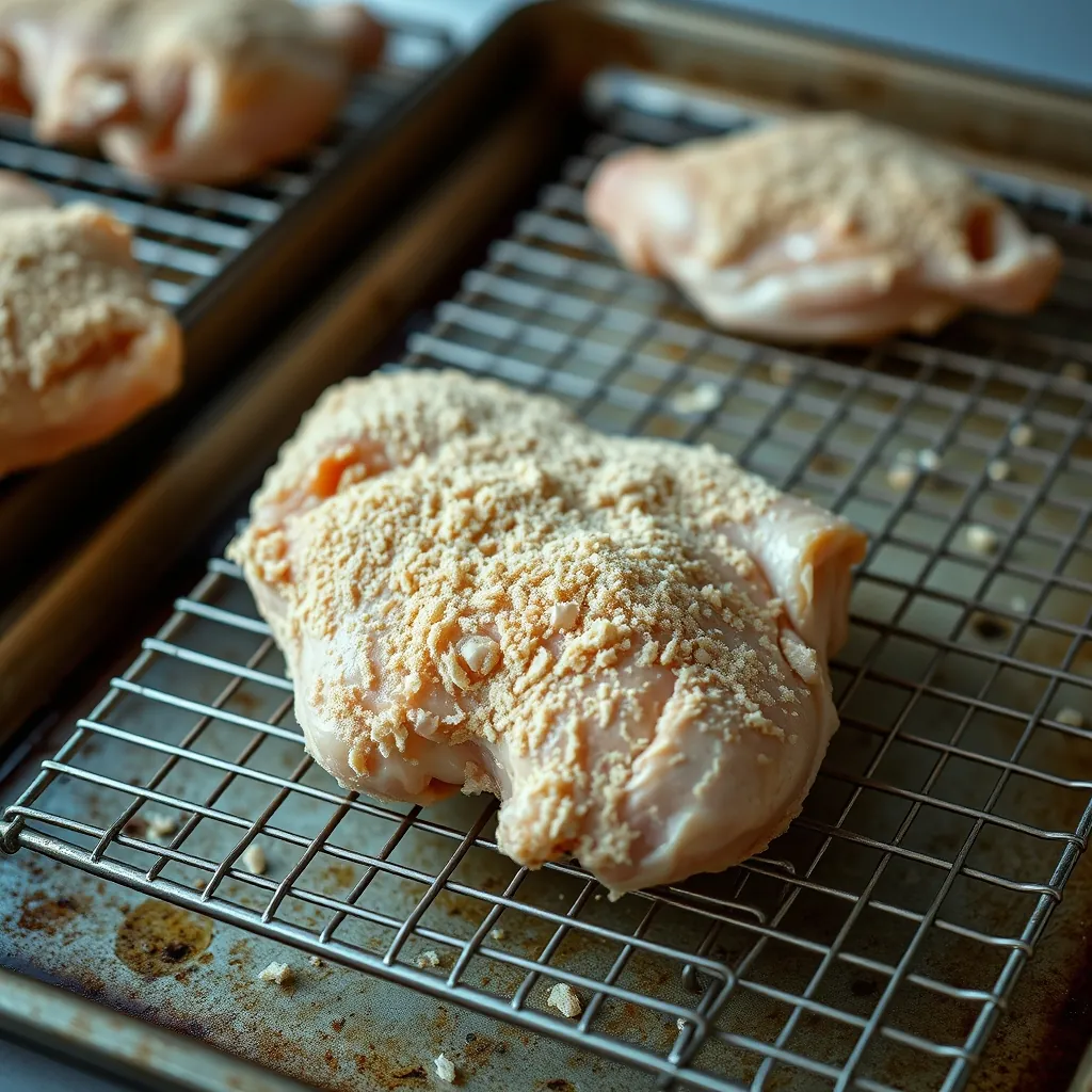 Raw breaded chicken pieces resting on a wire rack over a baking sheet Raw breaded chicken