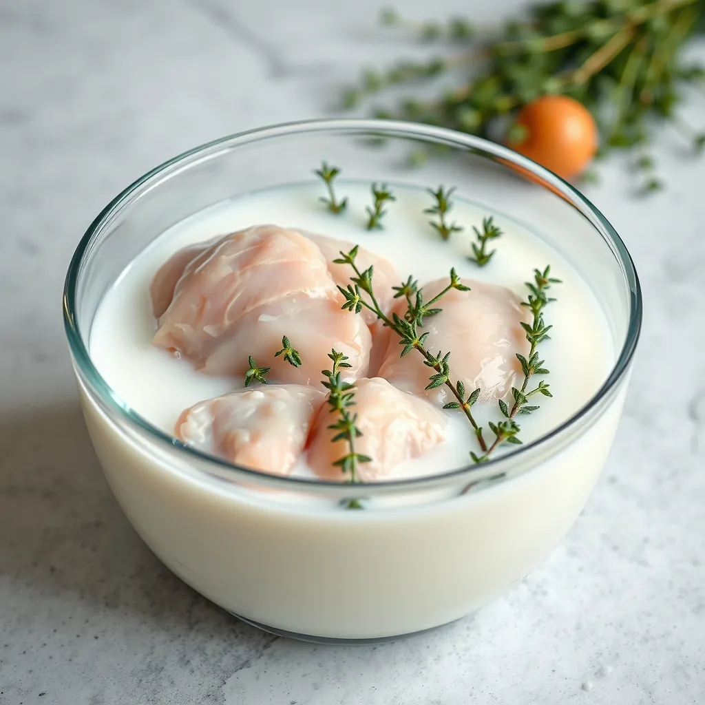 Raw chicken thighs submerged in a glass bowl of white buttermilk with fresh thyme springs Raw chicken thighs