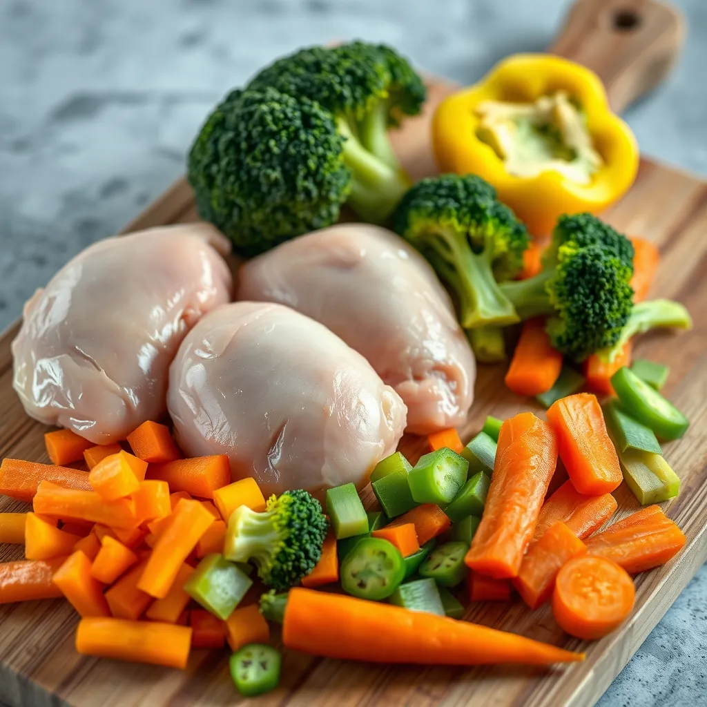 Raw chicken thighs and sliced bell peppers, broccoli florets, snap peas, and carrots on a cutting board Raw chicken thighs
