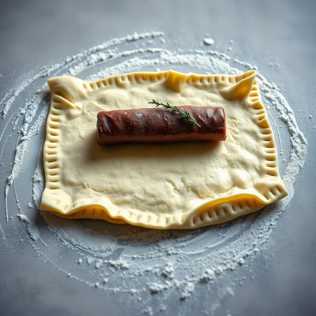 Raw puff pastry sheet rolled out on a floured surface with a chilled beef Wellington log positioned in the center ready for folding Raw puff pastry