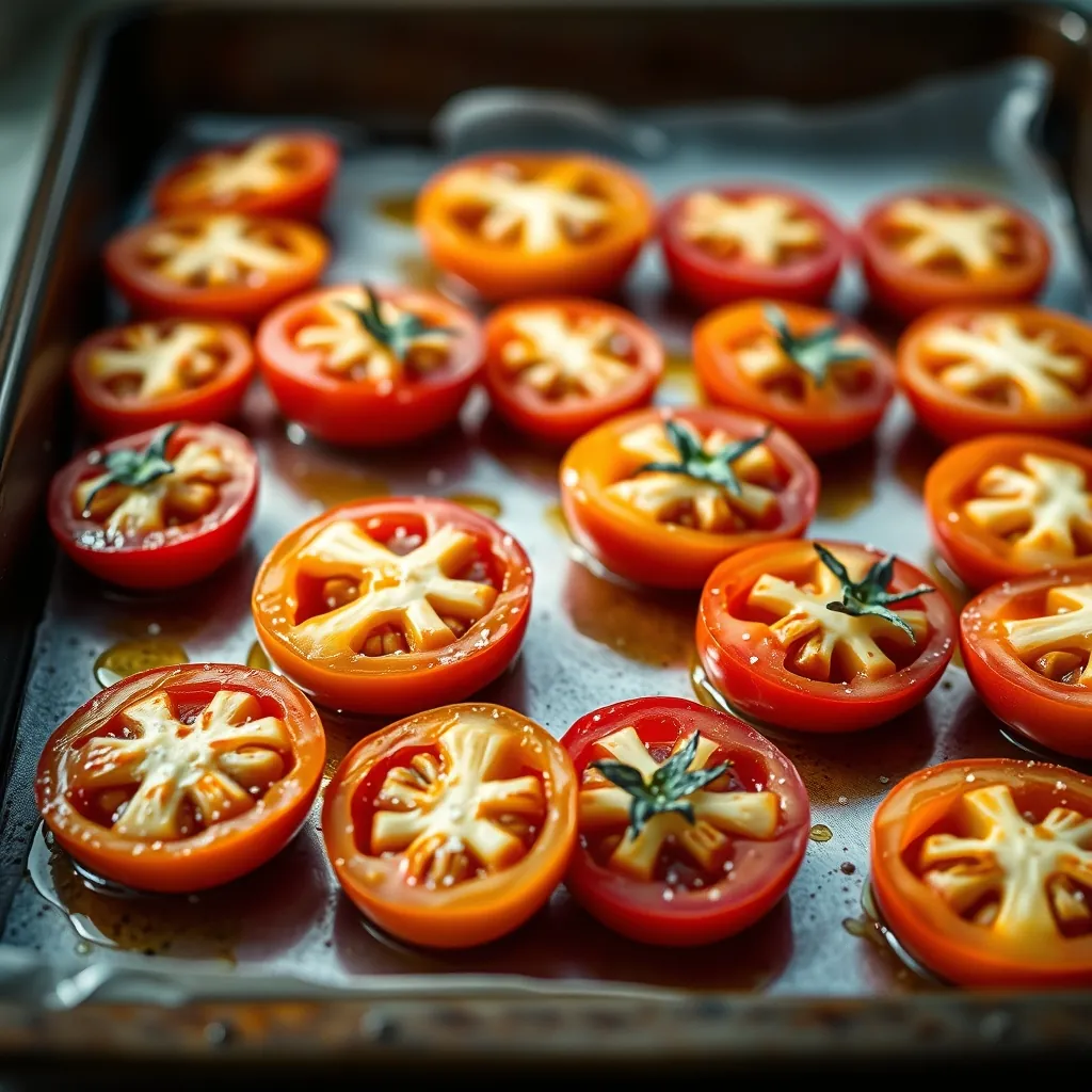 Raw Roma tomatoes halved and arranged on a baking sheet, drizzled with olive oil and sprinkled with salt and pepper Raw roma tomatoes