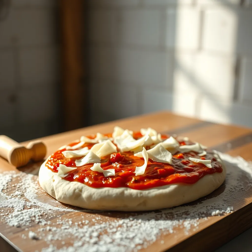 Raw stretched pizza dough on a floured peel, topped with sauce and torn mozzarella, ready for the oven Raw stretched pizza