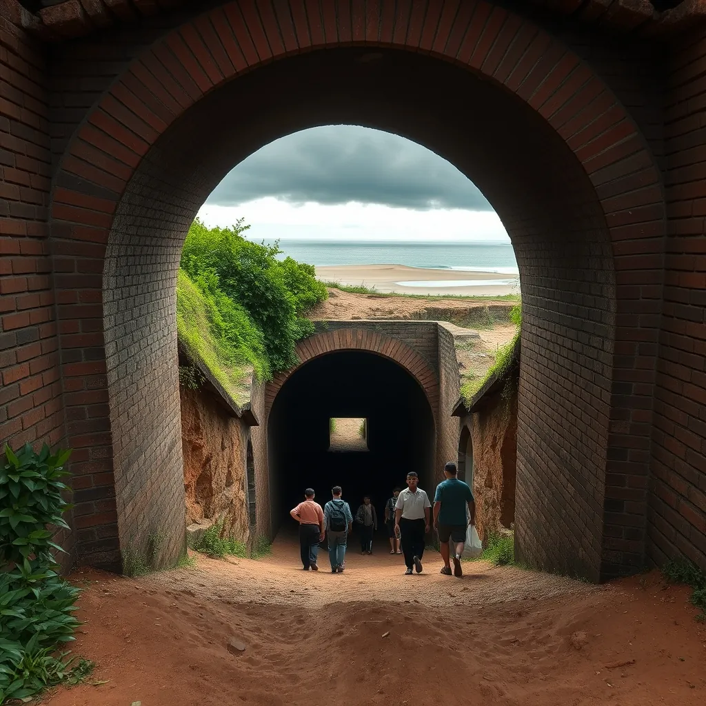 Red brick entrance of the Vinh Moc Tunnels opening into a dark underground passage near the coast of Quang Tri province, the tunnel mouth framed by lush green vegetation and sandy soil, historical war relic site with visitors preparing to descend into the narrow earth corridors, the South China Sea visible in the distance beyond the coastal dunes, dramatic sky over this preserved piece of Vietnamese history Red brick entrance
