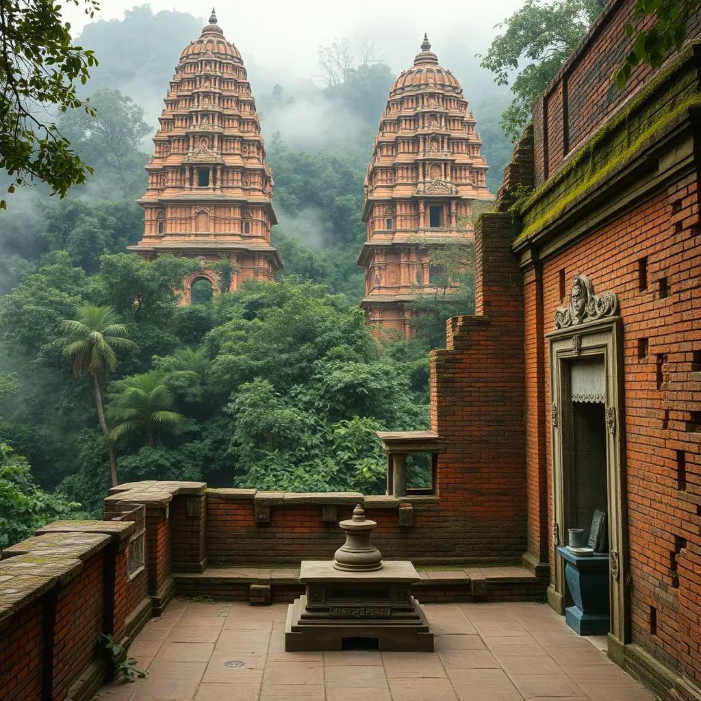 Red brick Hindu temple towers rising from a jungle clearing in central Vietnam, ancient Cham architecture with carved sandstone deities and weathered stone reliefs, moss-covered sanctuaries surrounded by dense tropical vegetation, morning mist drifting through the valley, stone lingam and yoni altars in a sacred inner chamber, crumbling brickwork showing centuries of tropical weathering, the quiet solemn atmosphere of a lost kingdom's religious heartland Red brick hindu