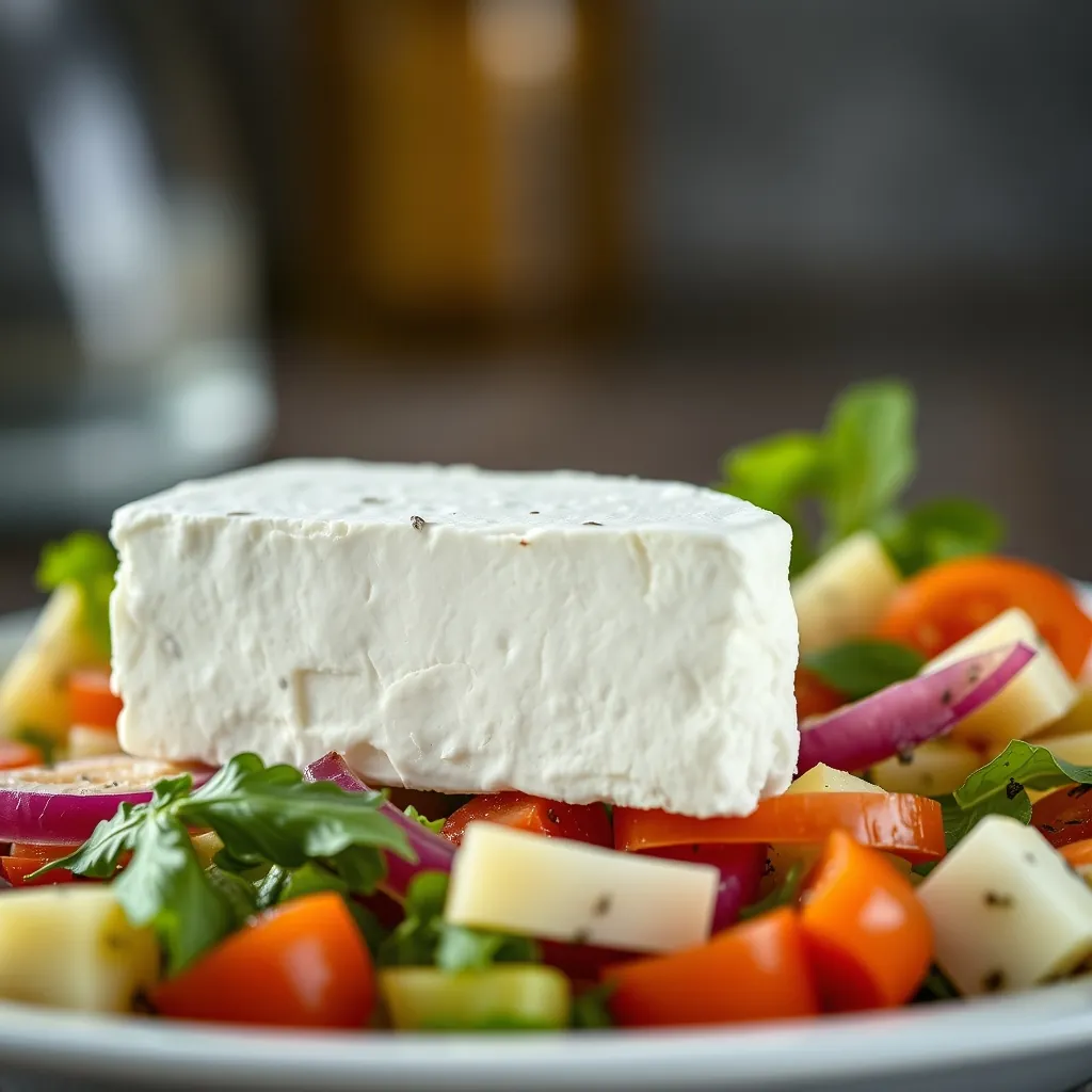Close up of a traditional Horiatiki salad showing the thick block of feta cheese resting on top of the vegetables Resting top vegetables