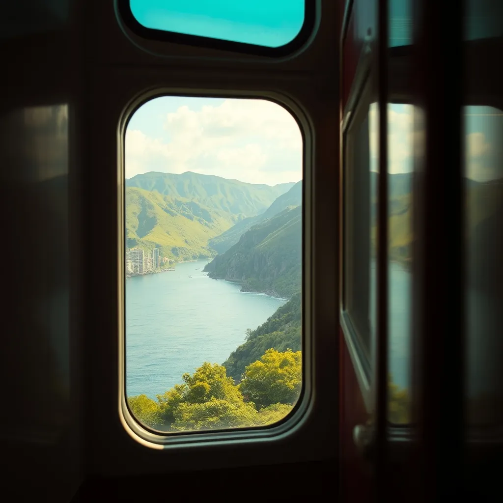 Reunification Express train traveling through coastal landscape near Hai Van Pass with green hills and ocean visible from the train window Reunification express train