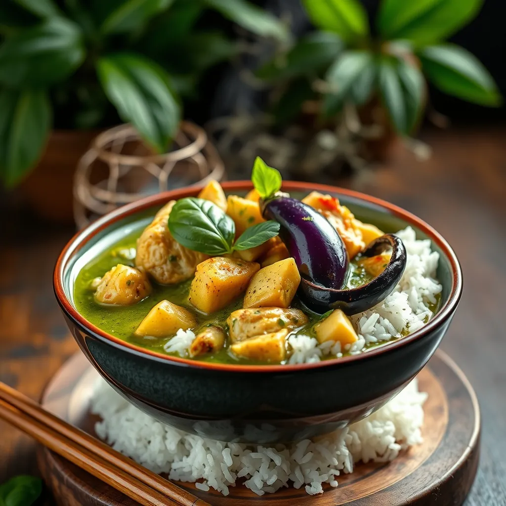 Vibrant bowl of Thai green curry with chicken, Thai eggplant, bamboo shoots, and basil, served over jasmine rice, steam rising Rice steam rising