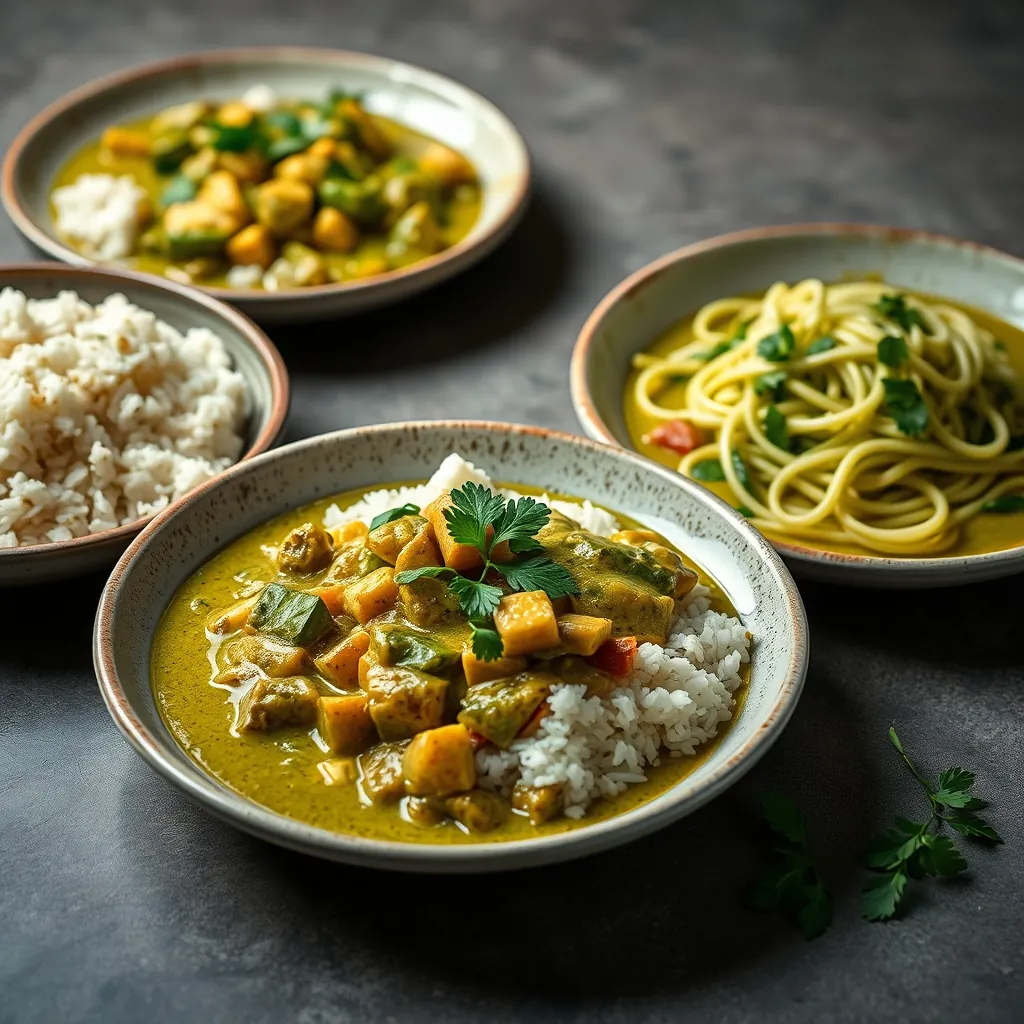 Three plates of Thai green curry served with different bases: jasmine rice, cauliflower rice, and zucchini noodles Rice zucchini noodles