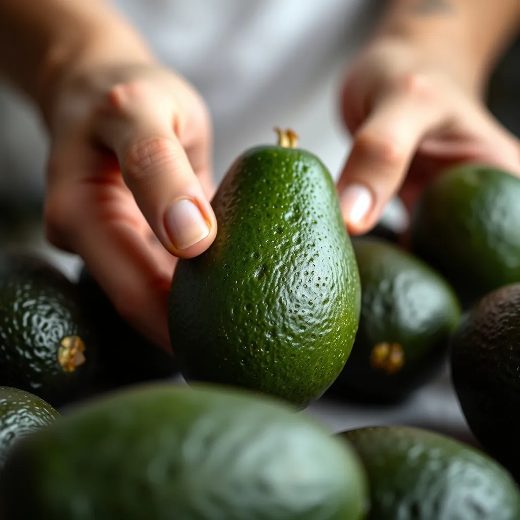Close up of dark green Hass avocados being squeezed gently to test ripeness, hands visible Ripeness hands visible