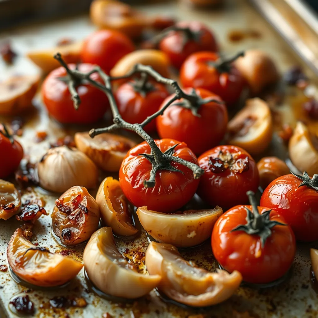 Roasted tomatoes, garlic cloves, and onion wedges on a baking sheet, caramelized and golden brown Roasted tomatoes garlic