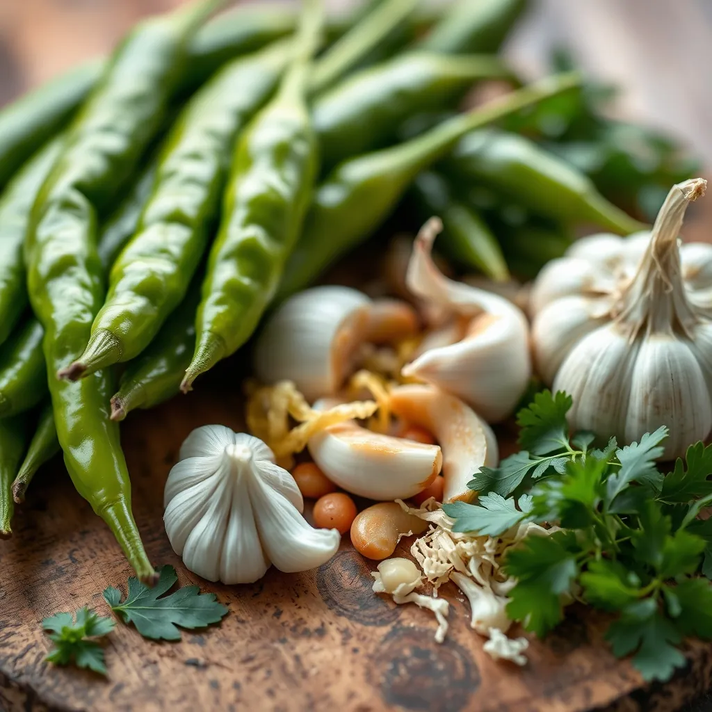 Close-up of fresh Thai green curry paste ingredients: green bird's eye chilies, galangal, lemongrass, kaffir lime zest, shallots, garlic, shrimp paste, and coriander roots on a wooden board Roots wooden board