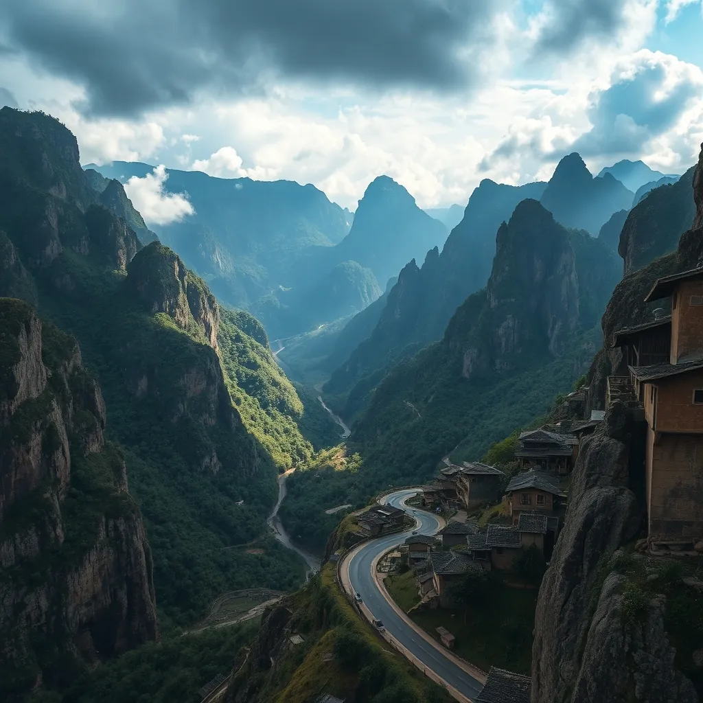 Rugged limestone karst peaks rising sharply from deep green valleys on the Dong Van Karst Plateau, winding mountain road cutting through the dramatic geological formations, traditional Hmong village with earthen houses nestled in the valley below, dramatic clouds casting shifting shadows across the rocky landscape Rugged limestone karst