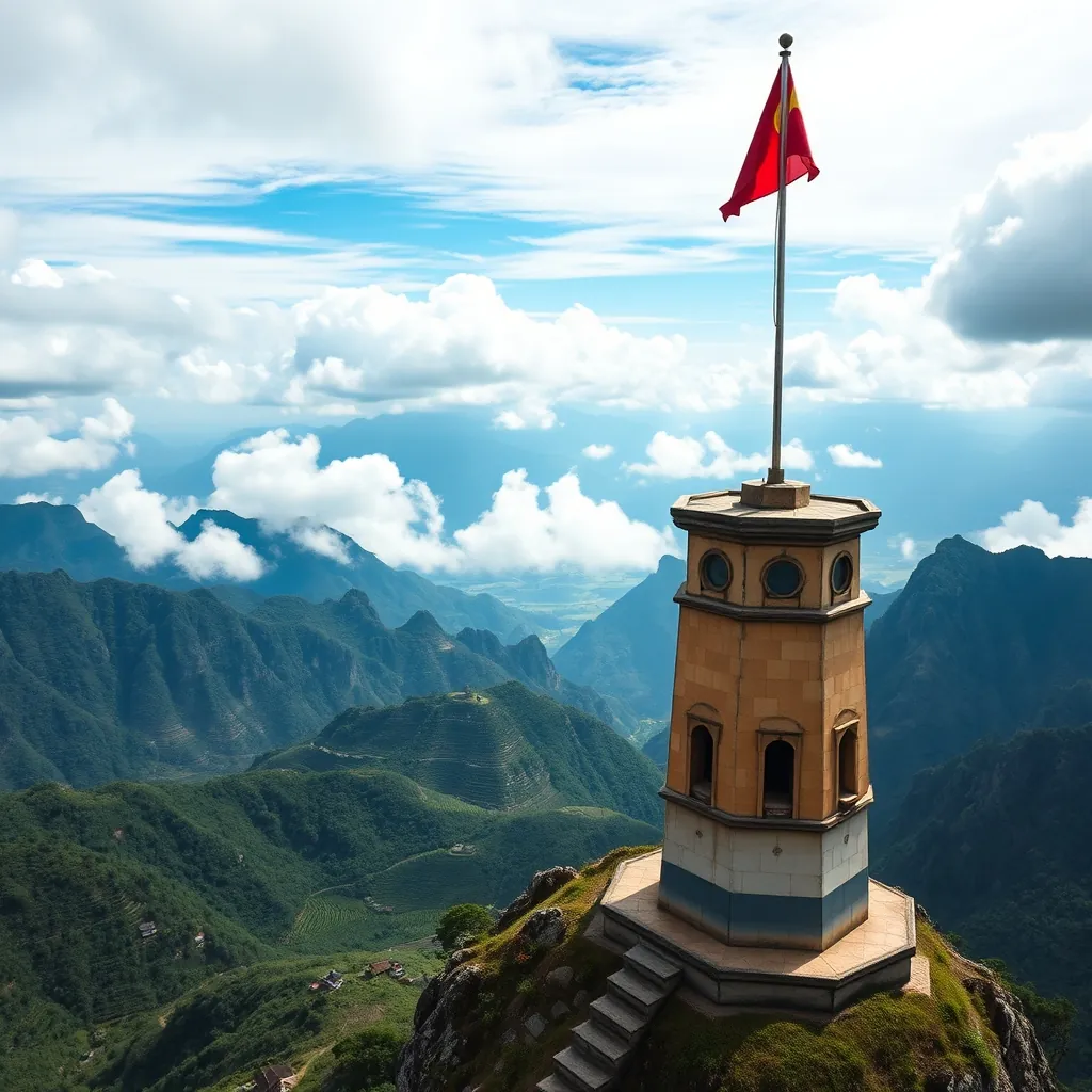 Lung Cu Flag Tower standing atop Dragon Mountain in Vietnam's northernmost province, the massive Vietnamese flag waving in the wind above the hexagonal flagpole, panoramic view of terraced rice fields and karst peaks stretching toward the Chinese border, small Hmong villages dotting the valley below, dramatic clouds casting shadows across the rugged northern highlands Rugged northern highlands