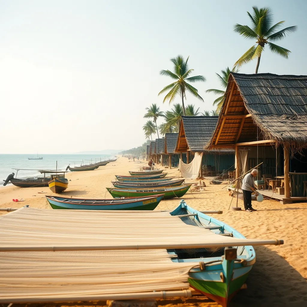 Traditional Vietnamese fishing village on the central coast, colorful wooden boats resting on golden sand, fishing nets drying on wooden racks in the foreground, thatched-roof houses with weathered facades lining the shore, an elderly fisherman mending his net, the calm sea stretching to the horizon under soft morning light, palm trees swaying along the beach, the peaceful atmosphere of rural coastal life Rural coastal life