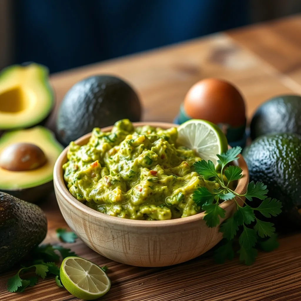 Rustic bowl of freshly made guacamole on a wooden table, surrounded by whole Hass avocados, a cut lime, and a sprig of cilantro, natural lighting Rustic bowl freshly