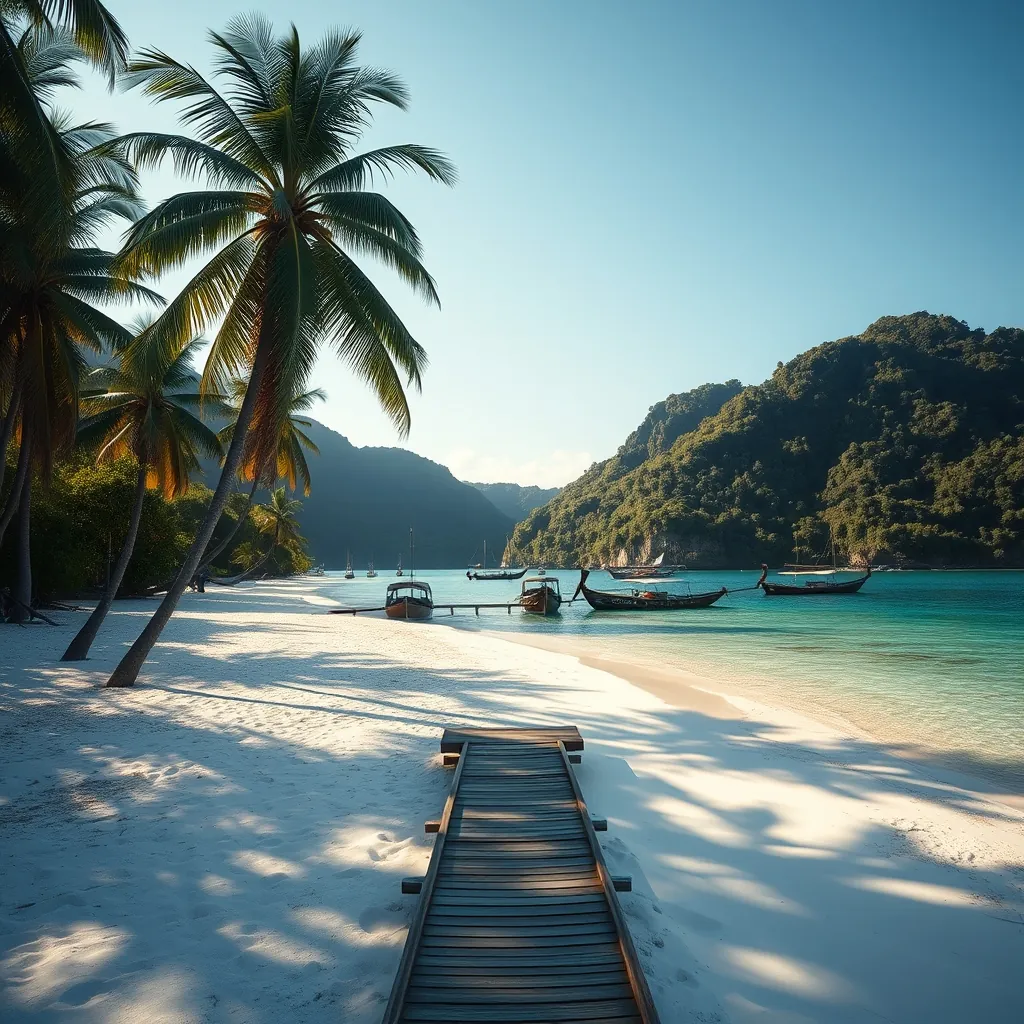 Pristine white sand beach curving along turquoise waters on Phu Quoc Island, tall palm trees leaning over the shore, traditional wooden fishing boats bobbing in the calm sea, lush tropical jungle covering the distant hills, a wooden jetty extending into the clear shallows, warm golden sunlight casting long shadows across the sand in the late afternoon Sand late afternoon