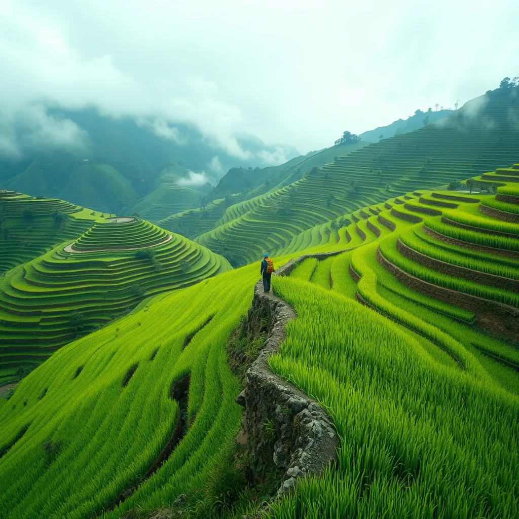 Sapa's emerald green terraced rice fields cascading down steep mountain slopes, with Fansipan peak rising in the misty background and a lone trekker walking along a narrow ridge between the paddies Sapas emerald green
