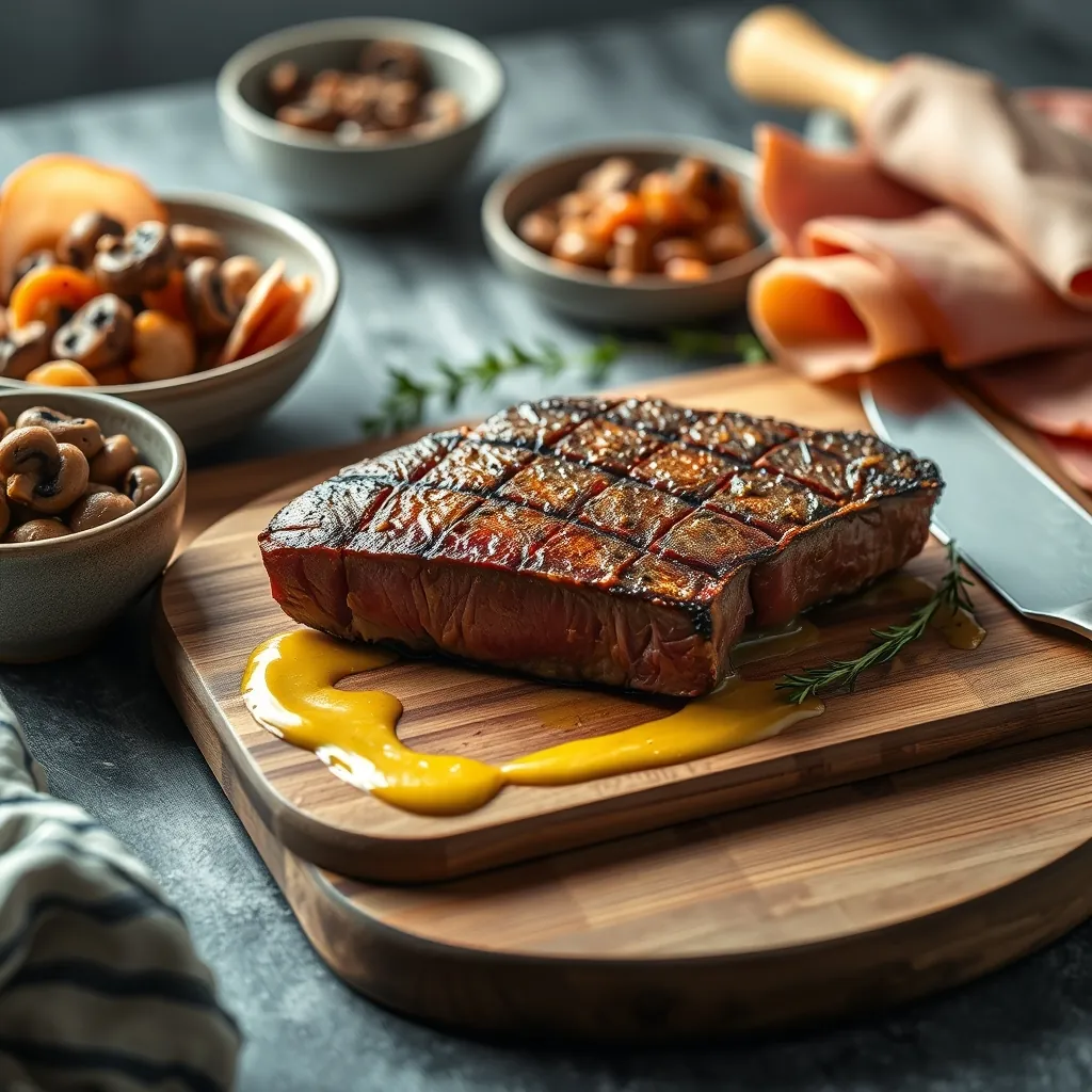 Seared beef fillet on a cutting board brushed with Dijon mustard, surrounded by bowls of mushroom duxelles and overlapping slices of Parma ham Seared beef fillet