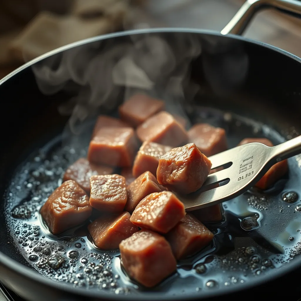 Searing beef cubes