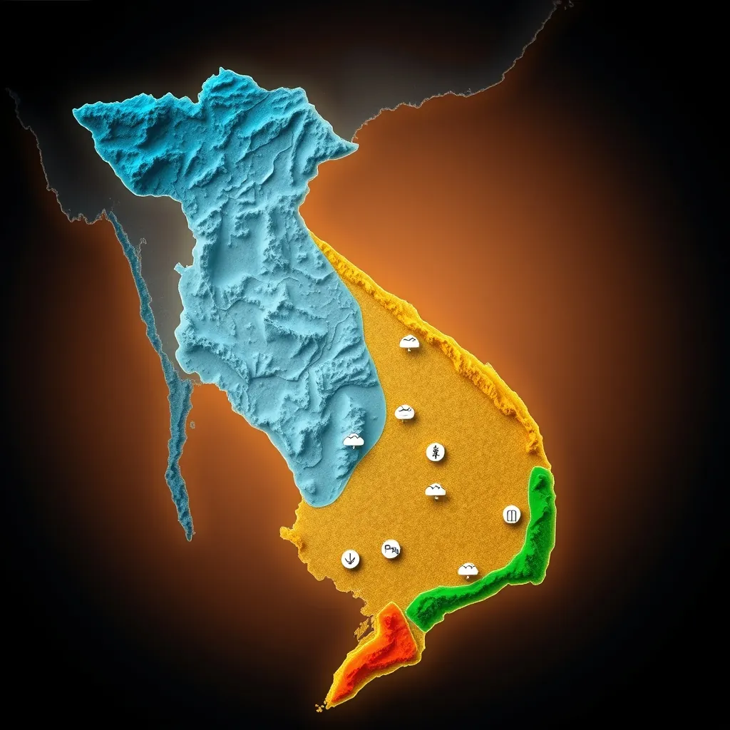 Map of Vietnam divided into three climate regions with Northern Vietnam shaded in cool blue tones, Central Vietnam in warm orange, and Southern Vietnam in tropical green with small icons representing seasonal weather patterns Seasonal weather patterns