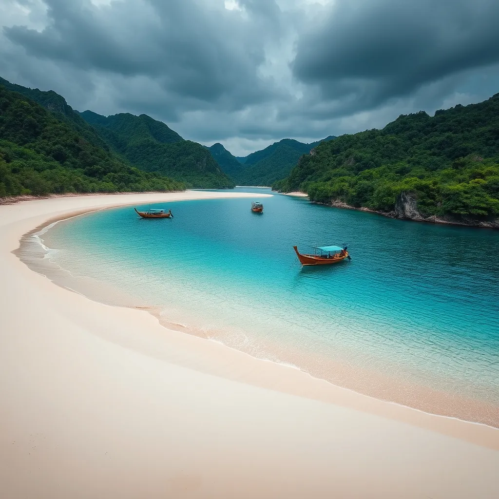 Secluded crescent-shaped beach with soft white sand on Con Dao Islands, crystal clear turquoise water gently lapping the shore, dense tropical forest climbing steep green hills behind the coast, a few small wooden boats anchored in the calm bay, dramatic cloudy sky adding depth to the remote island landscape, untouched natural beauty with no visible development Secluded crescentshaped beach