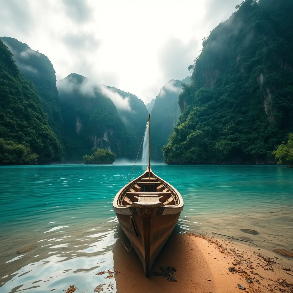 Secluded turquoise bay surrounded by towering limestone karsts and dense jungle, an empty wooden boat floating on calm water, mist rising from the forest canopy, a narrow dirt path leading toward a hidden waterfall in the distance, morning light breaking through clouds over the remote Vietnamese landscape Secluded turquoise bay