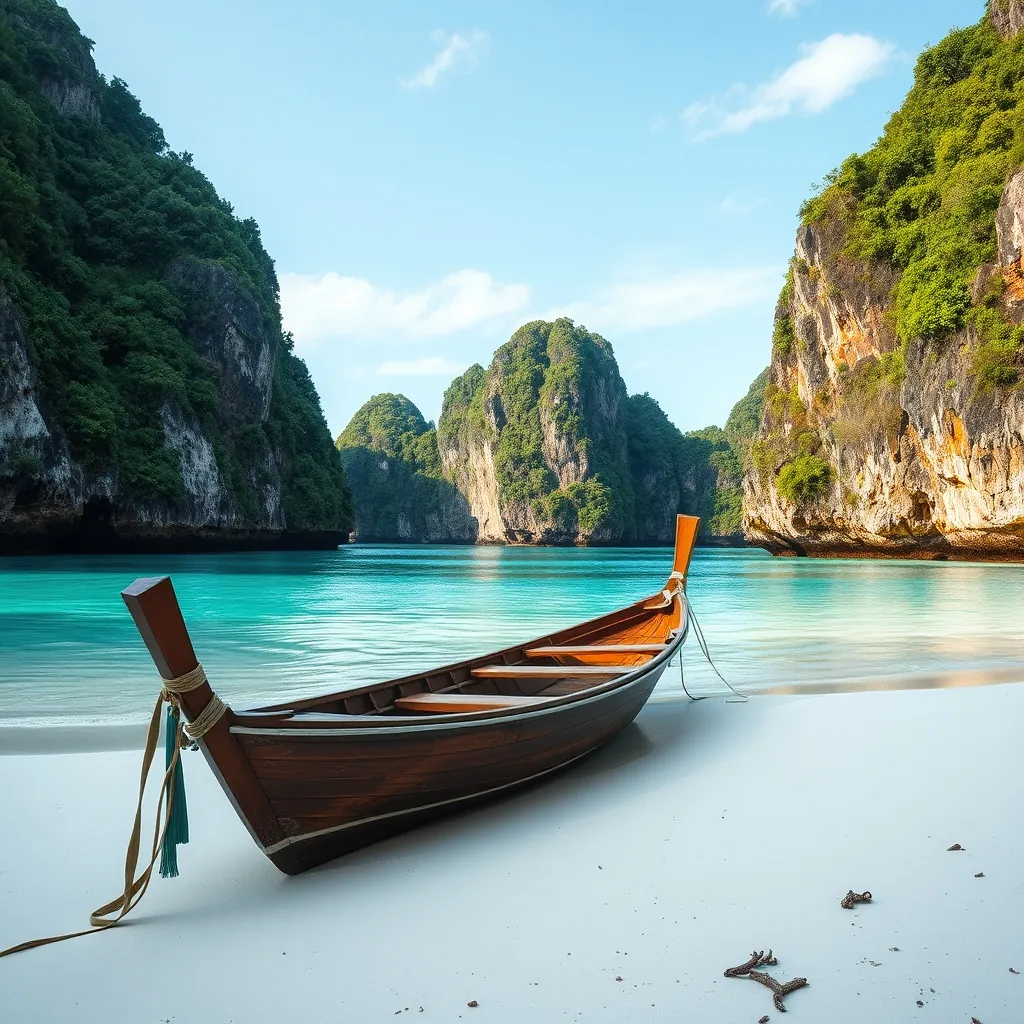 Secluded white sand beach with crystal clear turquoise water, framed by dramatic rocky headlands and lush green tropical vegetation, with a traditional wooden fishing boat pulled up on shore Secluded white sand