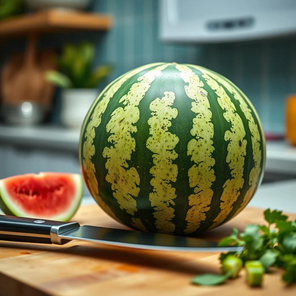 Whole seedless watermelon on a cutting board with a chef knife next to it, bright kitchen lighting Seedless watermelon cutting